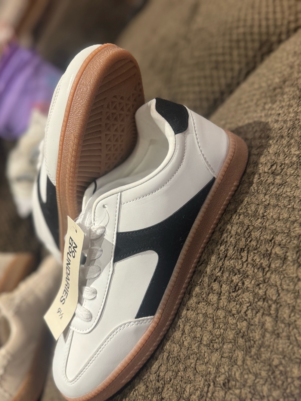 No Boundaries White and Black Retro Court Sneakers with Gum Sole